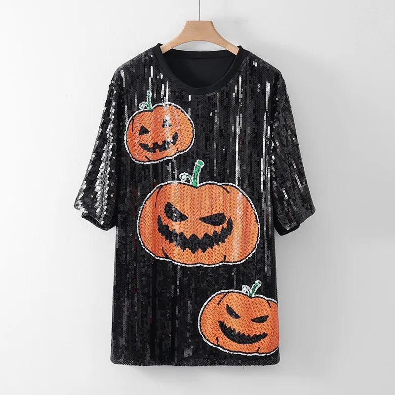 New Fashion Sequin Printed Women Halloween Short Sleeved T-shirt Simple Round Neck Female Casual Loose Tops