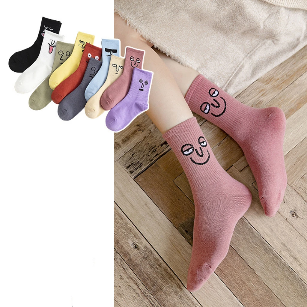 3 Pairs Spring And Autumn New Cotton Women's Socks Funny Expression Jacquard Personality  Trend