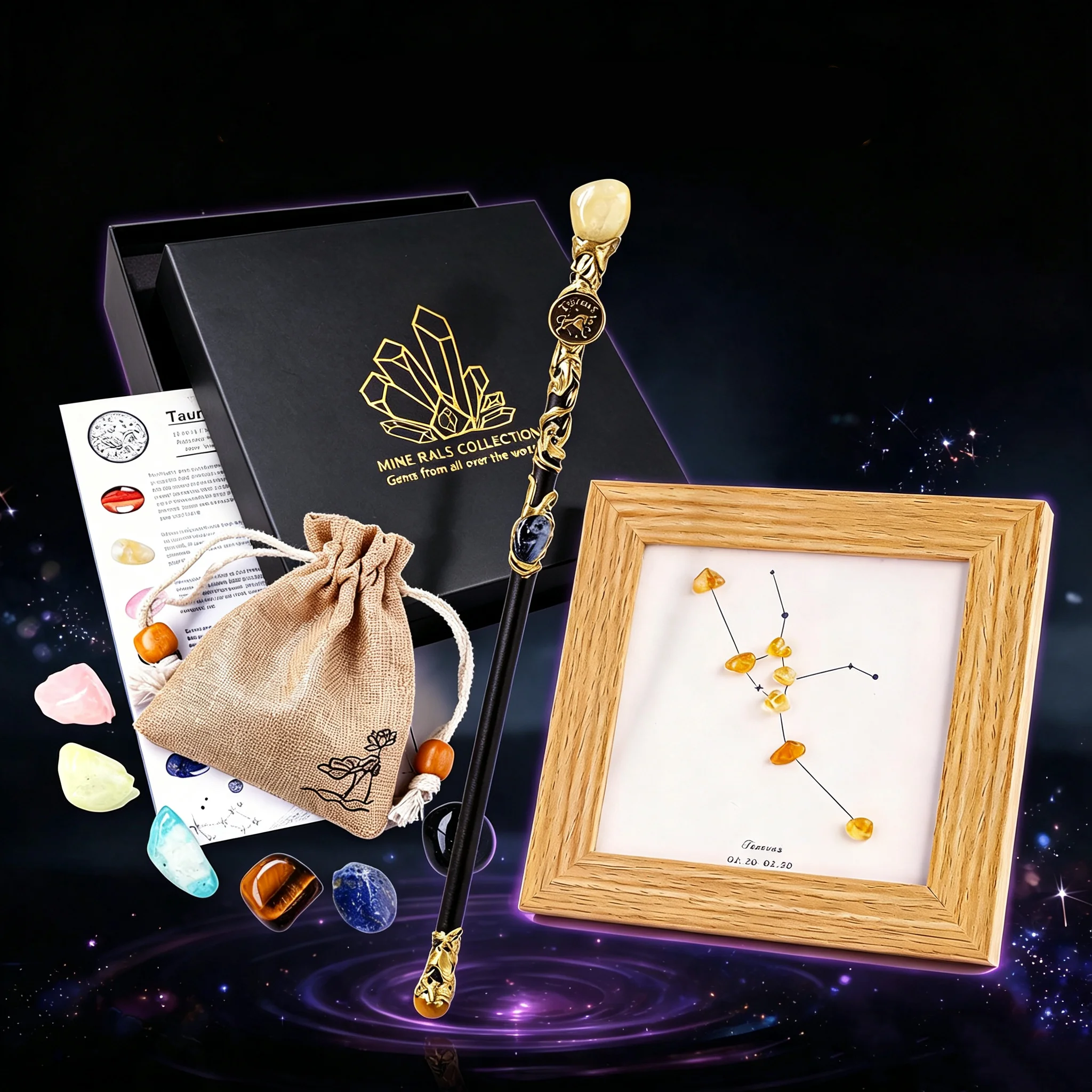 Zodiac Crystal Gift Set Magic Constellation Wooden Frame Picture Natural Stones Kit Astrology Spiritual Birthday Present