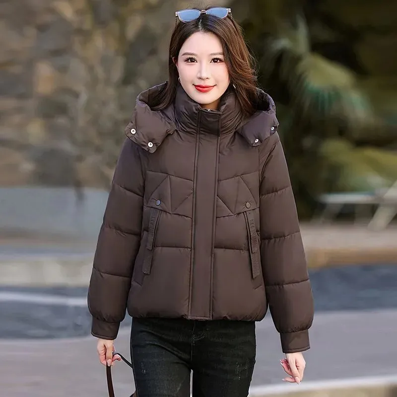 ファッションショート厚手暖かいパッド入りコート女性用パーカー冬2026新作韓国風フード付きダウンコットンジャケットレディースゆったりアウターウェアT1619