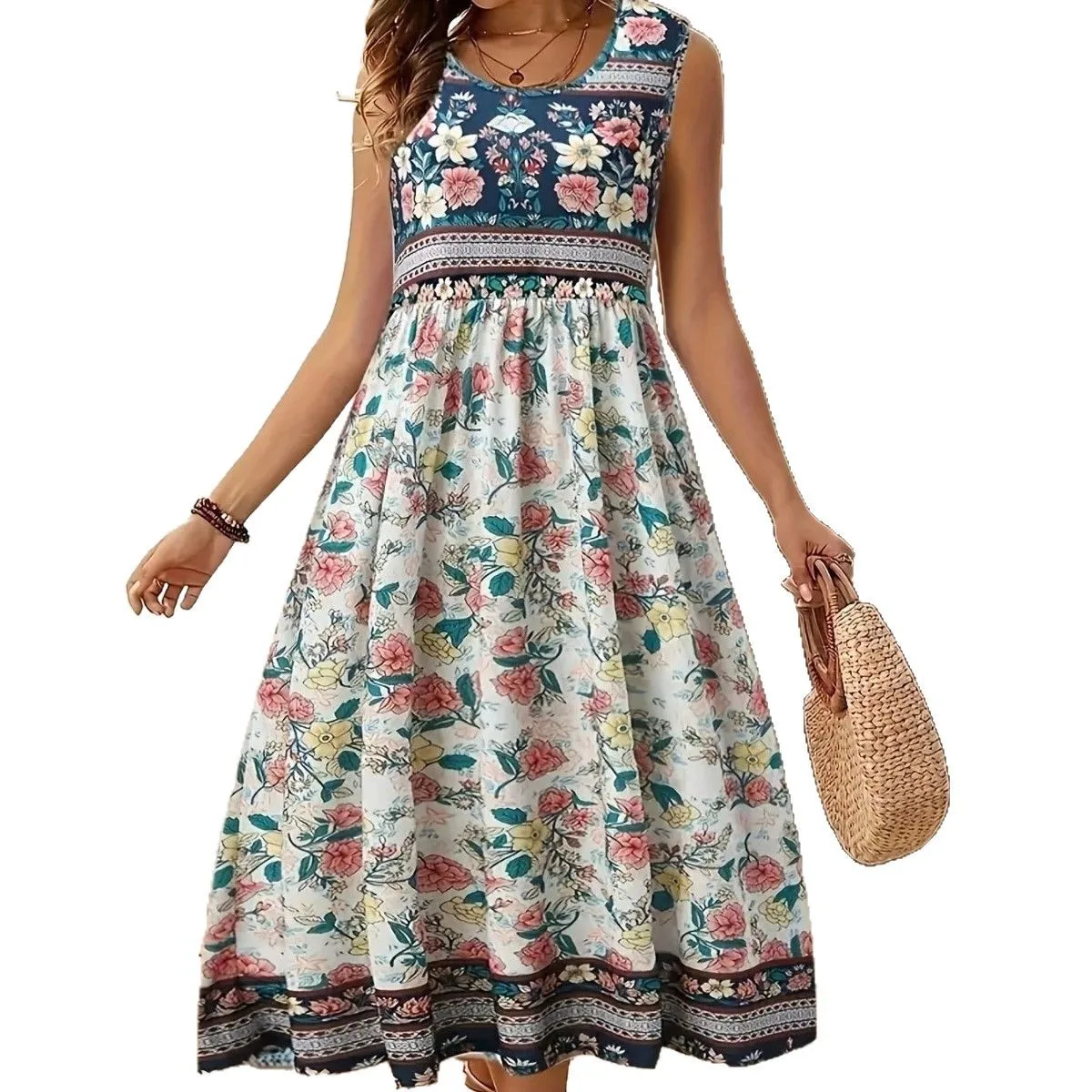 2025 المرأة الصيف الجديدة بوهو فستان زهري موضة فضفاضة س الرقبة أكمام حبال البلوز سترة طباعة سترة الشاطئ عادية نمط فستان