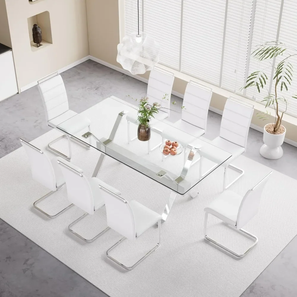 Glass Dining Table ,Kitchen Dining Table Set , 9 Piece Dinings Table Set with 8 White PU Faux Leather Chairs ,Dining Room Sets