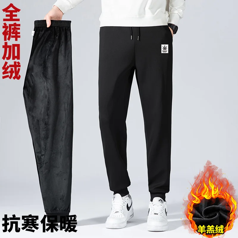 

Men Fleece Warm Cargo Pants Plus Size Loose Print Plush Thermal Drawstring Trousers 2022 Autumn Winter Sports Outwear Sweatpants