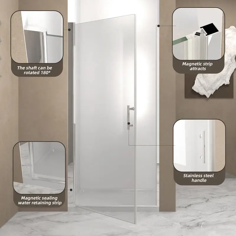 Porte de douche pivotante 29-28" x 72", demi-cadre en aluminium chromé, verre trempé 1/4" (6 mm), film antidéflagrant, acier inoxydable