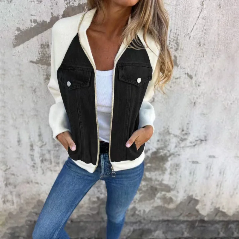 Autumn Winter New Denim Patchwork Jacket Coat For Women\'S Casual Fashion Shoulder Rubbing Long Sleeve V Neck Denim Jacket Female