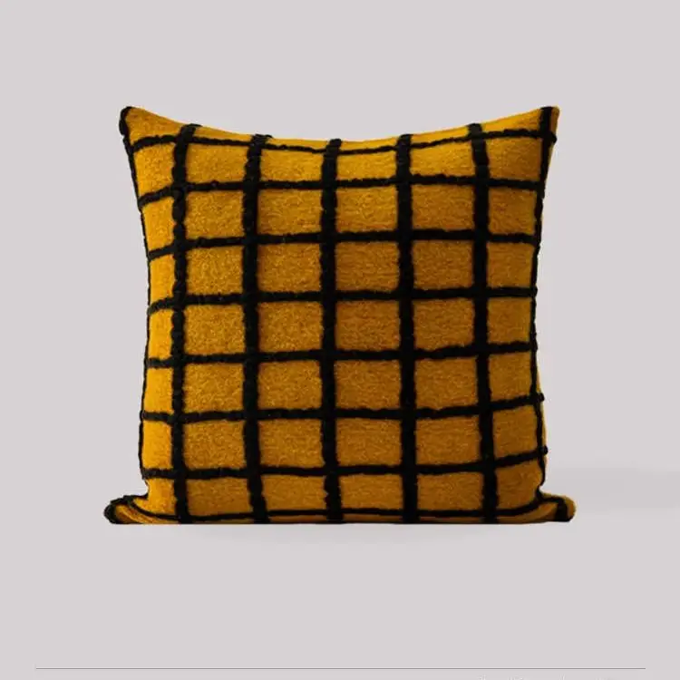 Modern light luxury woolen high-end throw pillow for living room sofa, villa, yellow and black checkered cushion