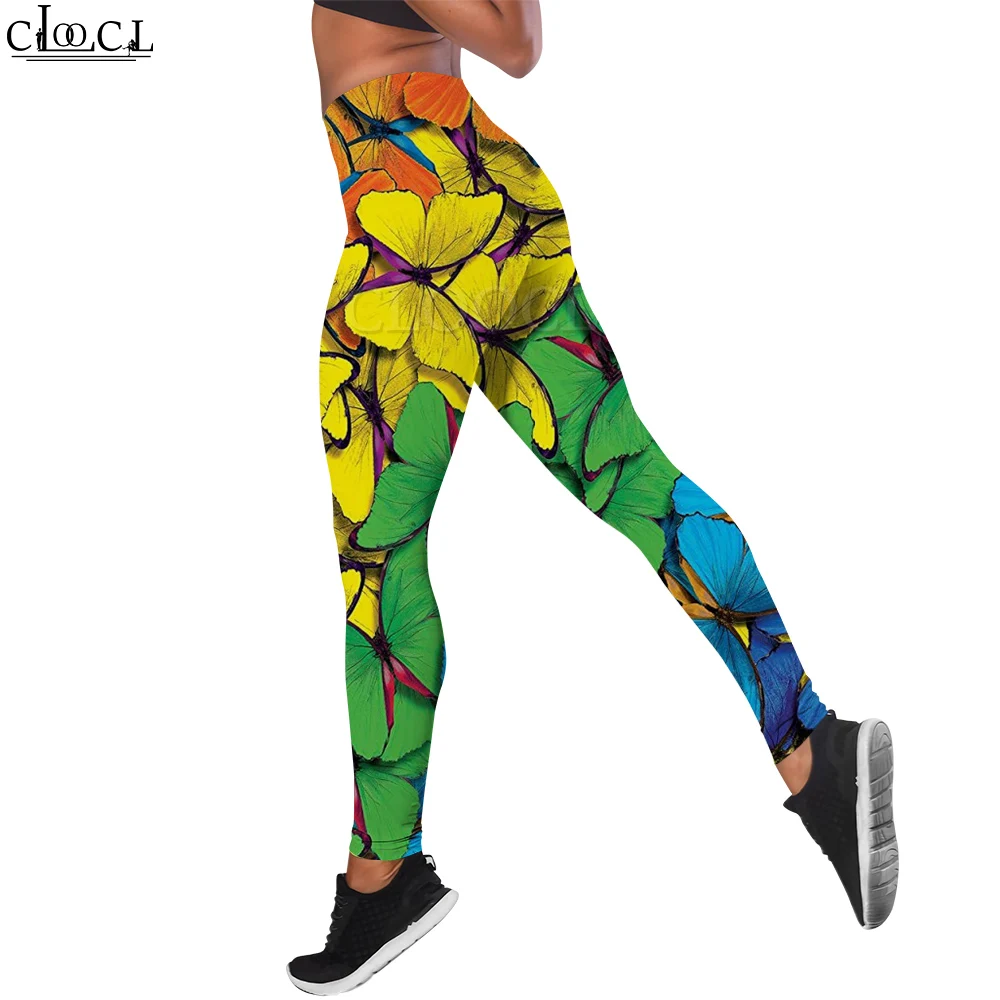 Cloocl moda casual feminina legging linda borboleta impressa calças de yoga cintura alta legging treino push-up jogging calças