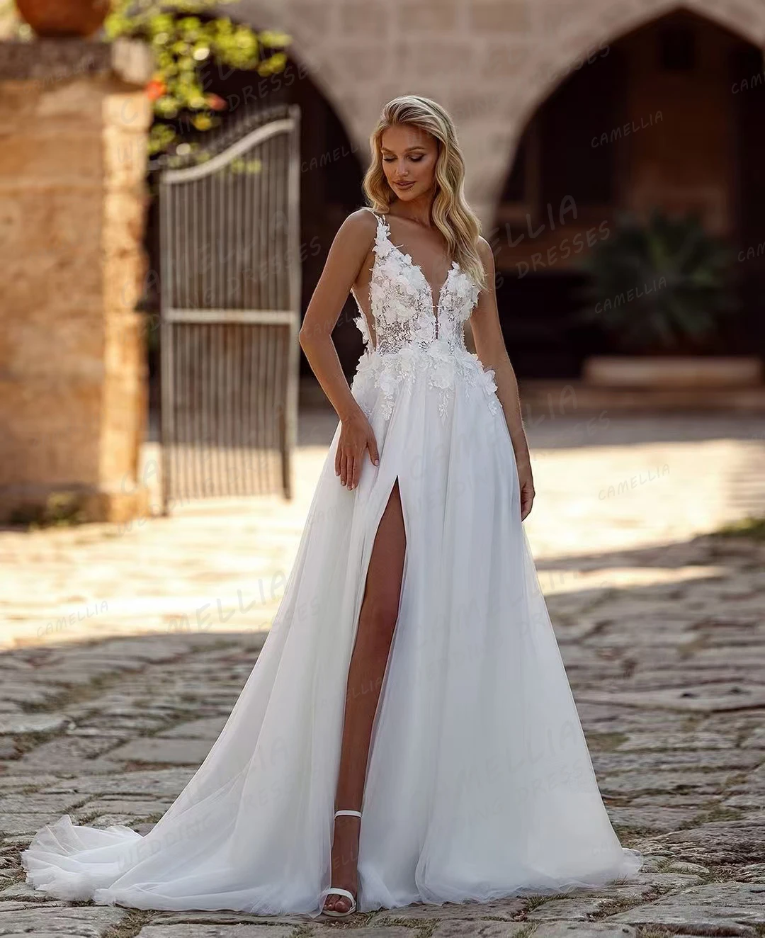 Vestidos de novia con apliques de lujo para mujer, Vestidos de novia de tul elegantes, sin mangas, cuello en V, abertura alta, Espalda descubierta, línea A