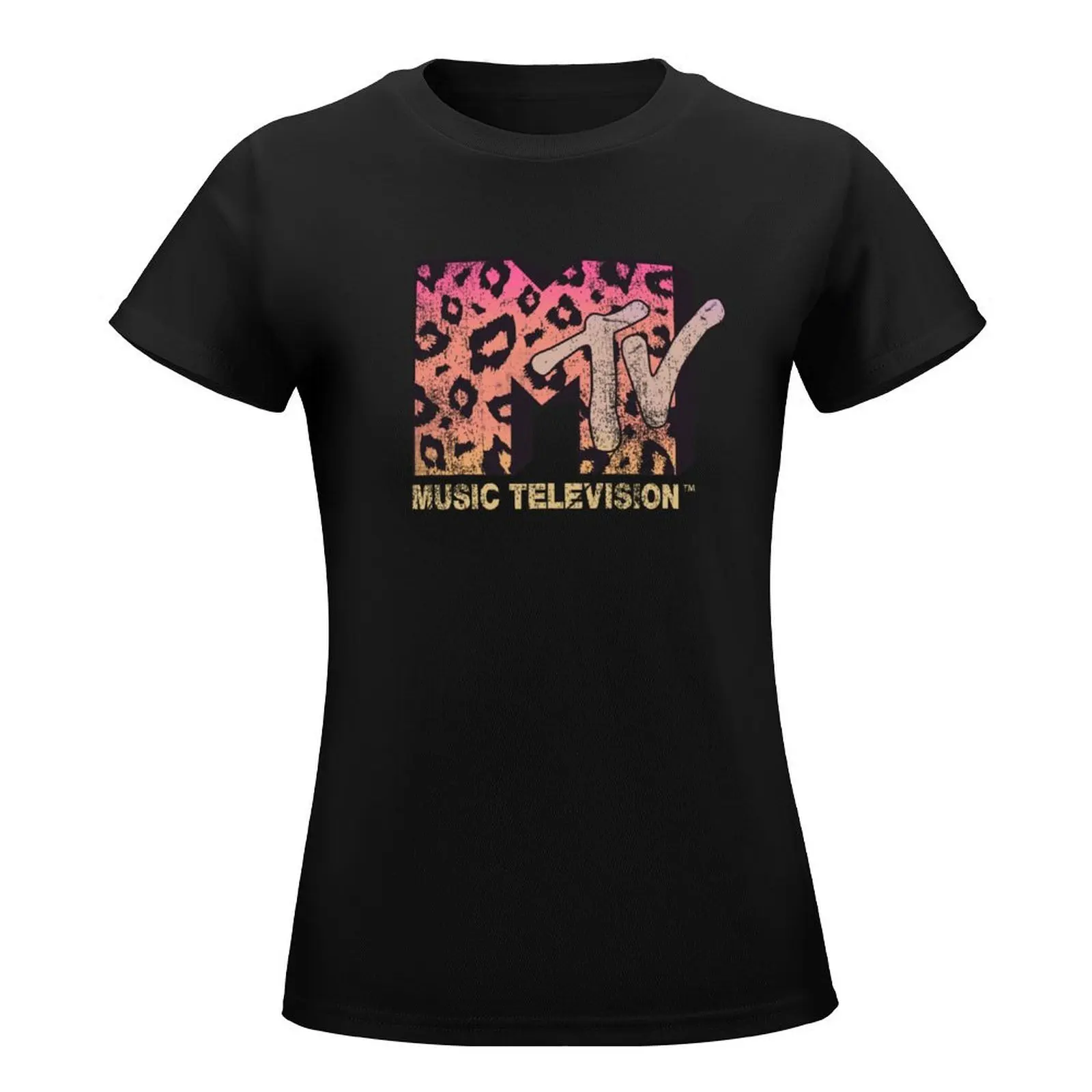 MTV Music Television Leopard Print Logo Fill T-Shirt Short sleeve tee graphics cute tops Summer Women's clothing