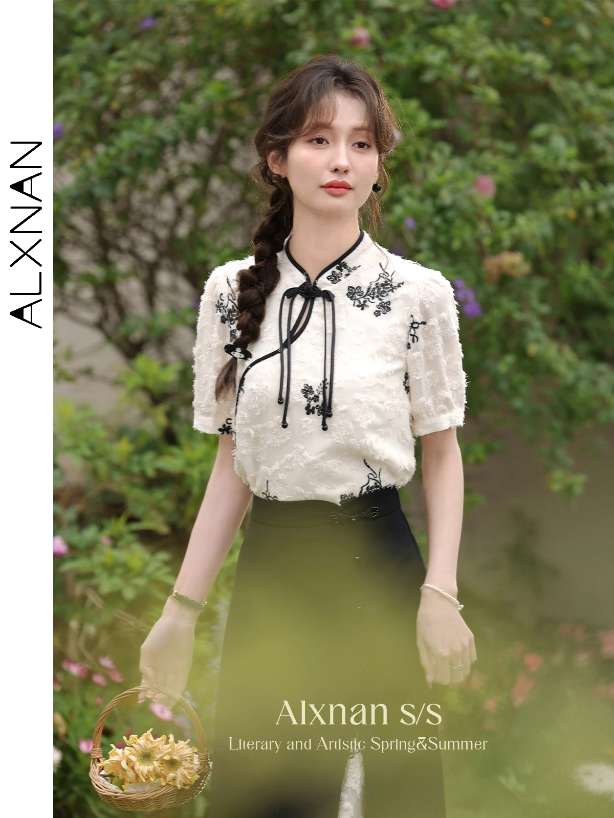 ALXNAN Summer Blouses Women 2024 Chinese Style Contrast Embroidery Short Sleeve Womens Tops and Blouses Female Clothing L33930