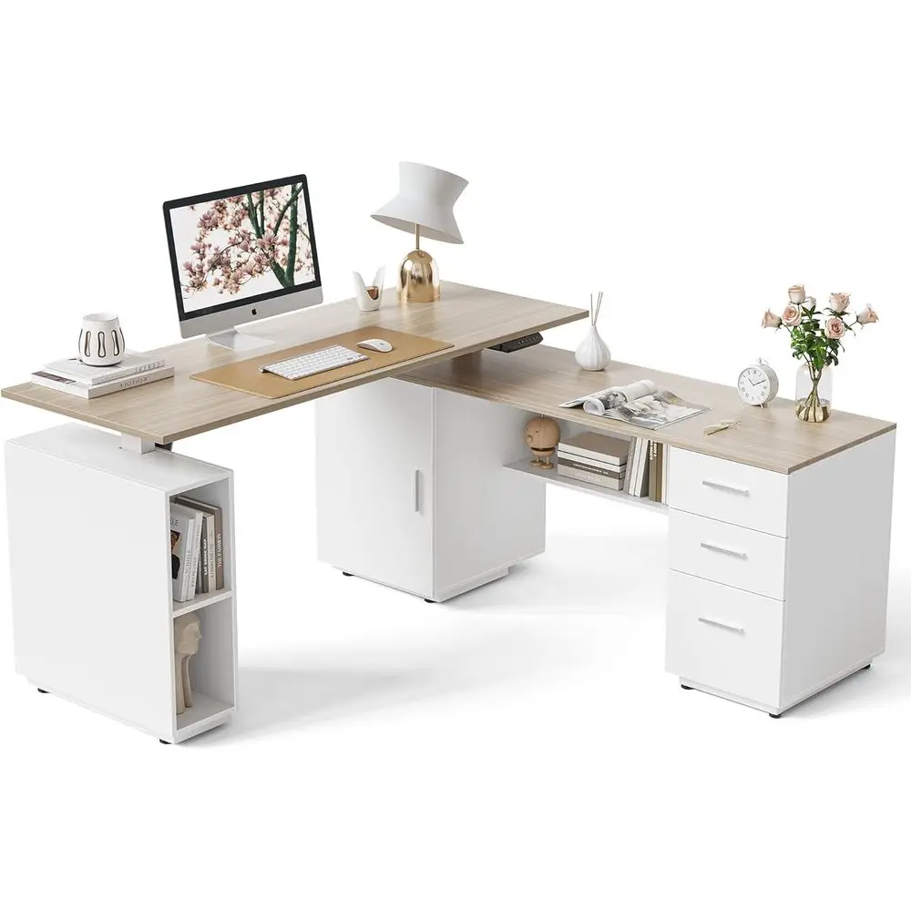 

63 L-Shaped Standing Desk with 3-Drawer Storage Cabinet, White/Light Walnut Top, Home Office Executive Desk