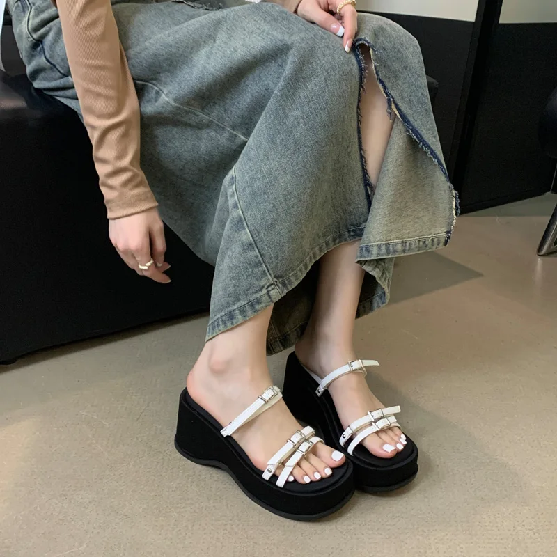 White Slippers Silver Wedge Platform Sandals Women Belt Buckle High Heels Sandals Summer Ladies Shoes Outdoor Wedges Heels