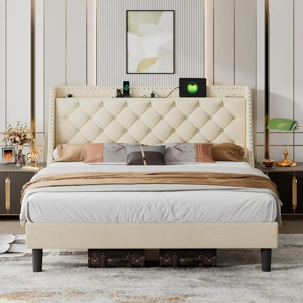 King bedstead, 16 inch wing back and charging station, headboard with button storage, solid wood Flat noodles support, beige