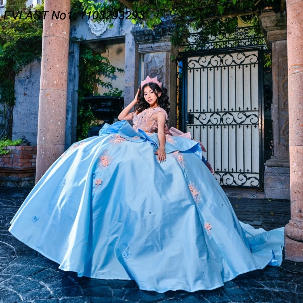 

EVLAST индивидуальное мексиканское синее бальное платье Quinceanera, розовое кружевное платье с аппликацией и бантом из бисера, Sweet 16, Vestidos De 15 Anos E1QN175