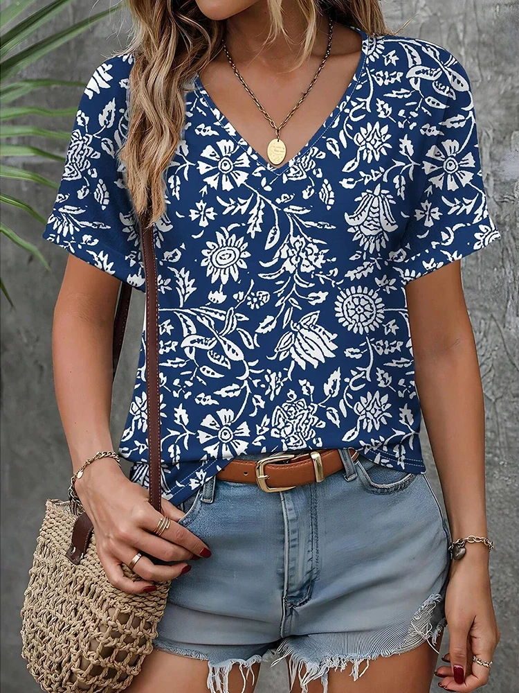 

Summer New Women's T-shirts Fashion Flower Print Casual Short Sleeves Tees Tops Loose Female Clothing Pullover Trend Streetwear