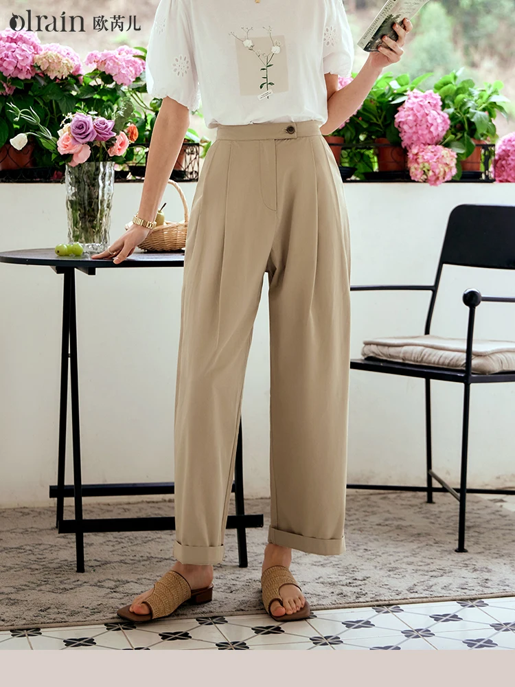 OLrain الصيف الكاكي سراويل تقليدية للنساء 2025 موضة فضفاضة عالية الخصر السراويل 100% القطن ركاب سراويلي حريمي O24XK82656 #1
