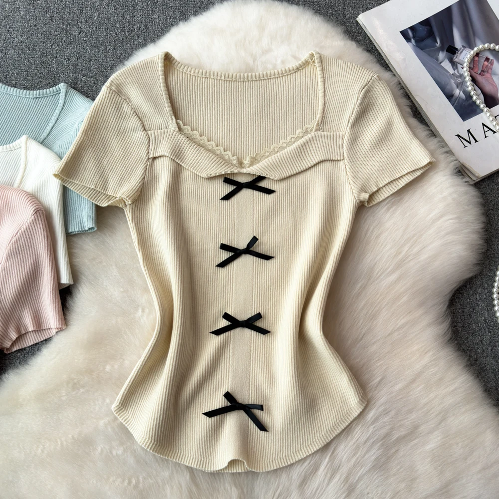 Summer Double Sided T Shirt Fabric Handmade Three-dimensional Short Sleeve Bow Top Short Style Very Fairy T-shirt Short Sleeve