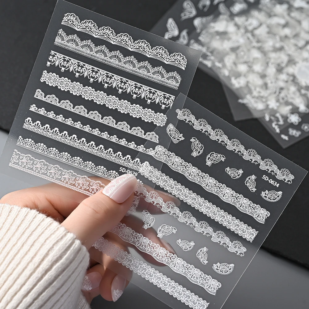 1개 화이트 레이스 5D 네일 아트 스티커 속이 빈 꽃잎 눈송이 나비 우아한 프렌치 스타일 데칼 네일 아트 장식