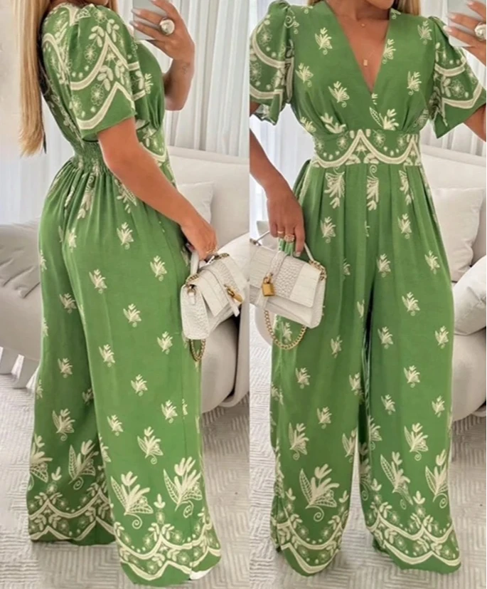 

Jumpsuit for Women 2025 Summer Fashion Floral Print Flutter Sleeve V-Neck Wide Leg Jumpsuits Casual Loose High Waist Overalls