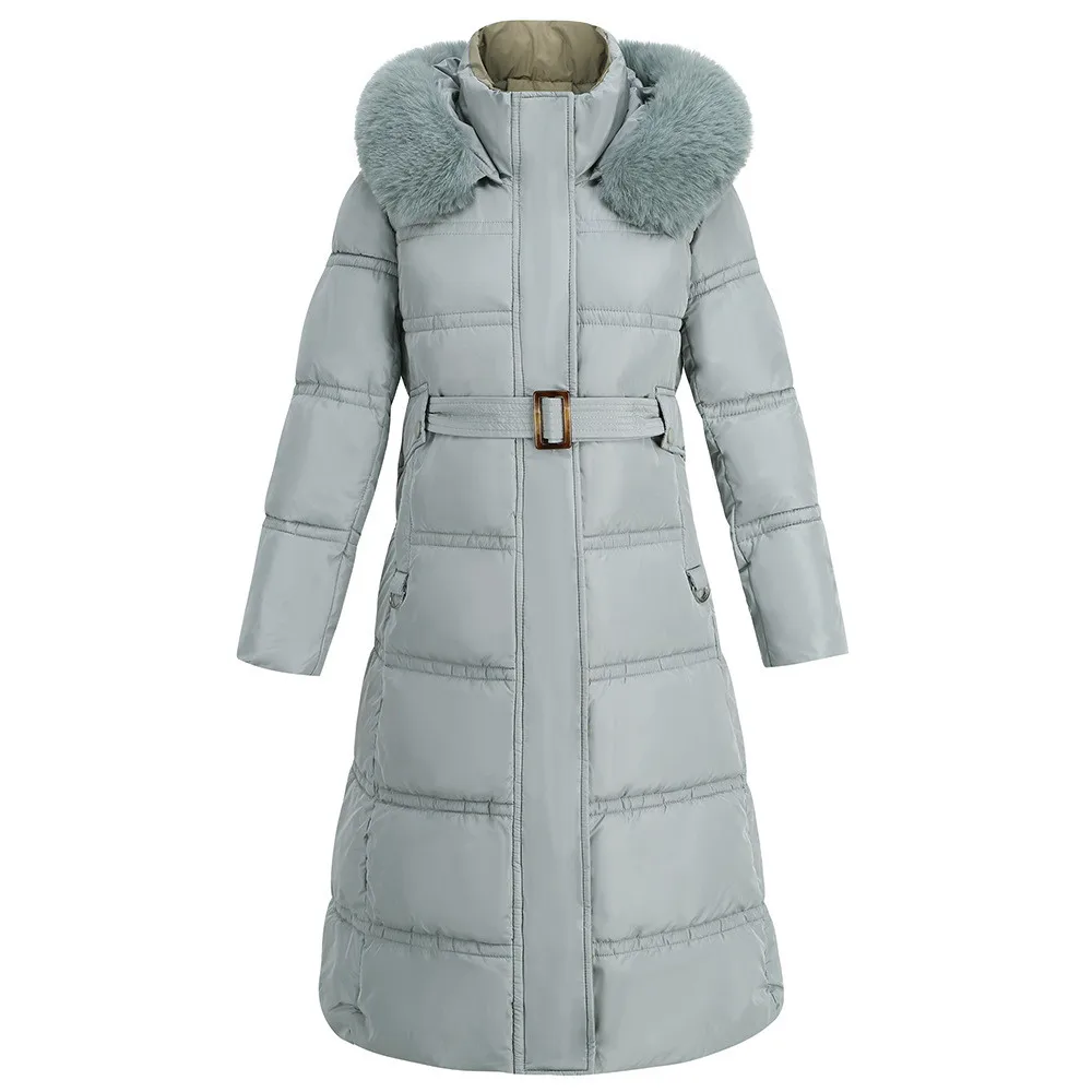 Women's Slim Down Cotton-Padded Jacket, Fur Collar, Contrast Coat, Long Warm Coat, New Fashion, Winter, 2023