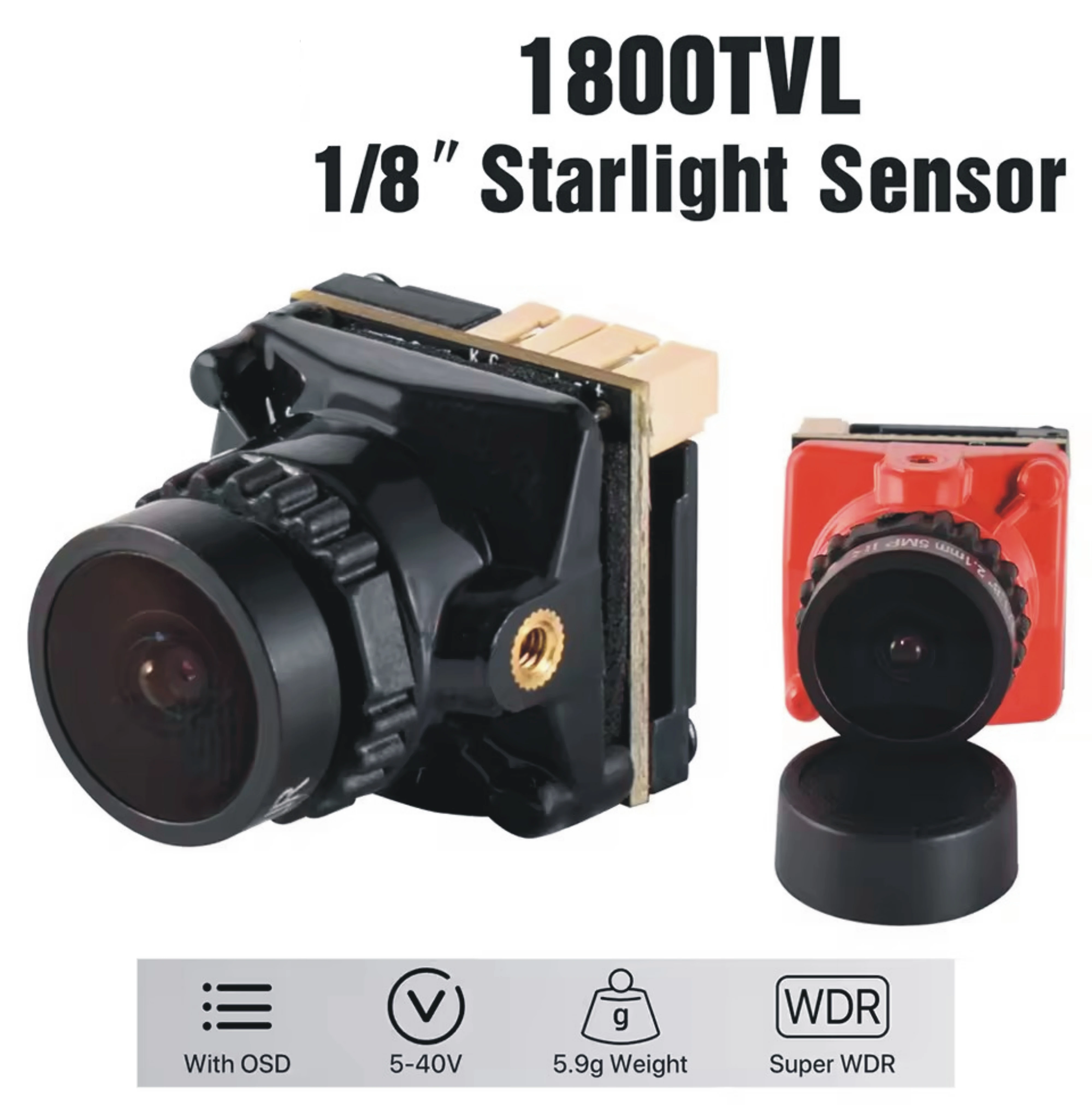 FPV Camera 1800TVL 5MP 2.1mm 1/8 inch Starlight Sensor 5V-40V NTSC/PAL with OSD Internal for RC FPV Racing Drone DIY Parts