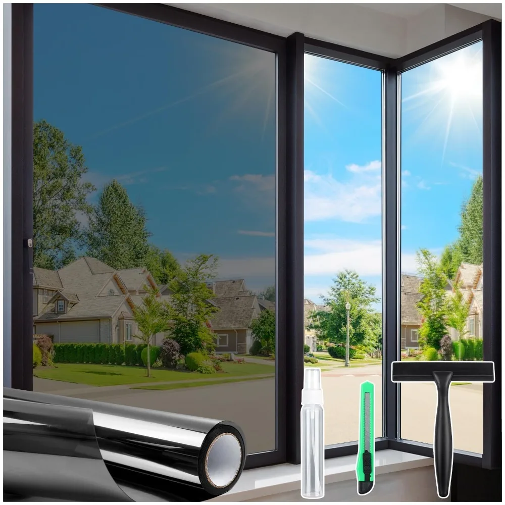 One Way Privacy Window Film with Tool Window Tint for Home Heat Control Sun Blocking Anti UV Mirror Reflective Covering See Out Not in Static Cling No Glue Black-Silver 17.5