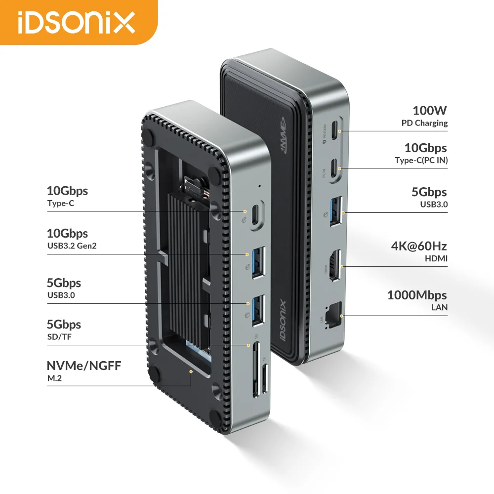 IDsonix NVMe 인클로저, USB 3.2 허브 도킹 스테이션, SATA SSD 케이스, 멀티포트 USB 분배기, HDMI 호환 SD/TF 카드 리더, 10Gbps