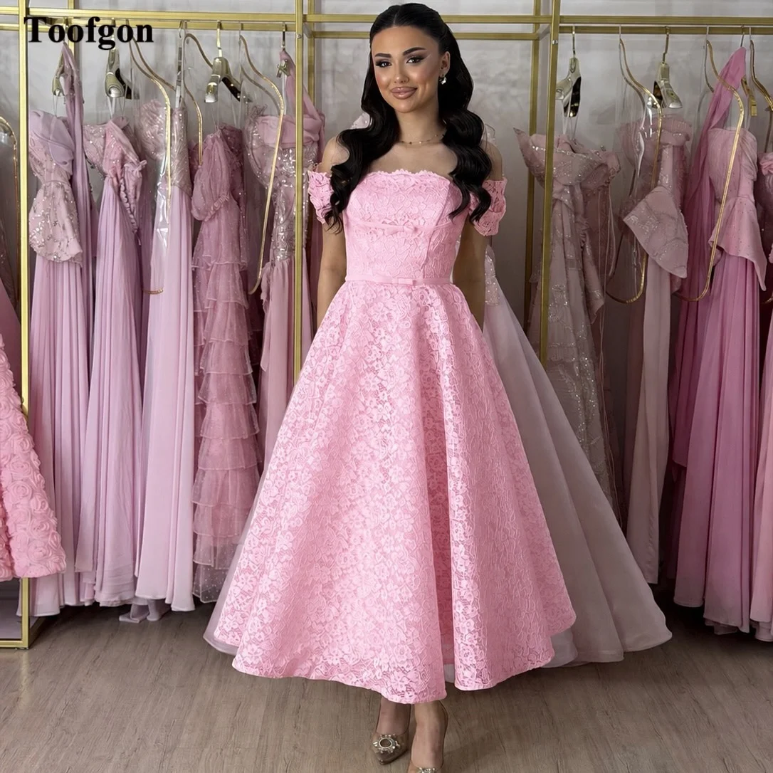 

Toofgon A Line Full Lace Midi Customized Prom Dresses Strapless Short Sleeves Formal Party Evening Gowns Women Bridesmaid Dress