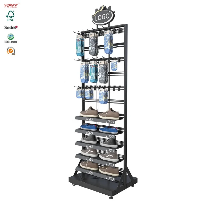 

Custom. modern retail ideas footwear socks shop metal multi use hanging rotating shoe display stand with wheels