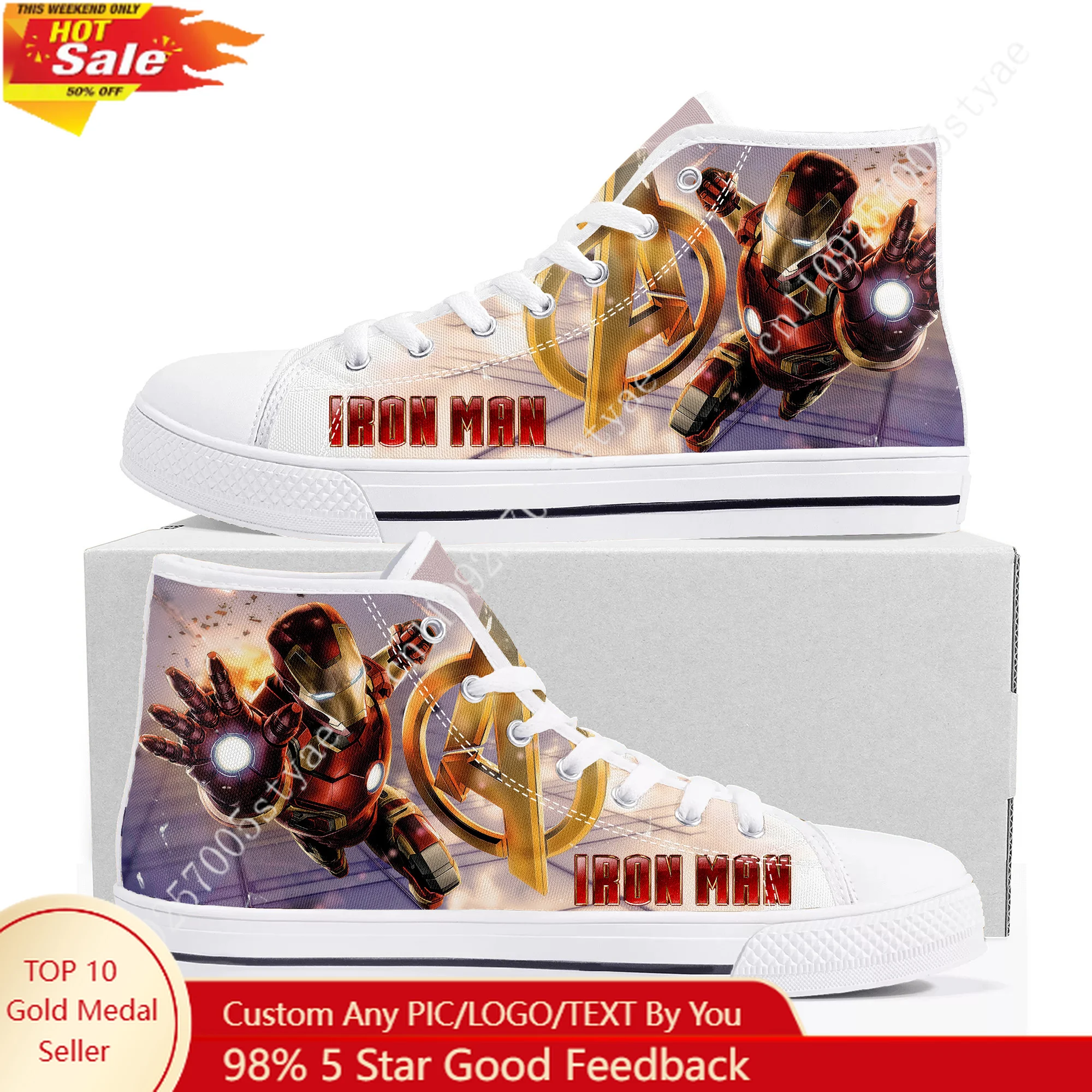 

Marvel Iron Man Tony Stark High Top High Quality Sneakers Mens Womens Teenager Canvas Sneaker Custom Couple Shoes