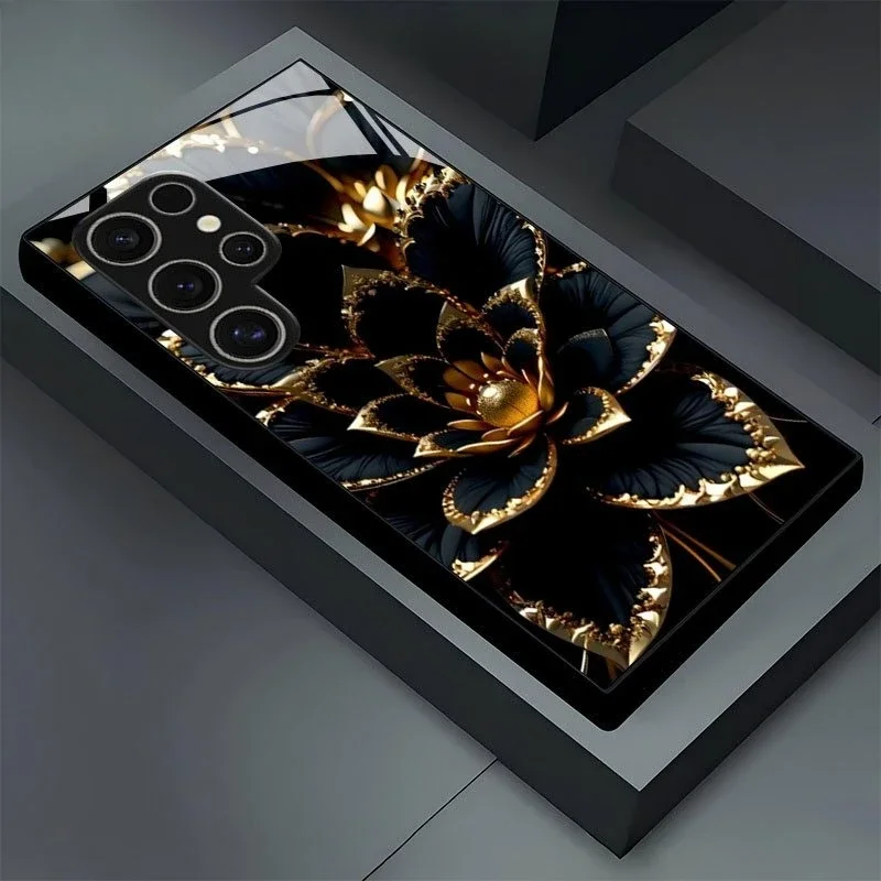 Dark Gilded Three-dimensional Lotus Plated Glass Phone Case, Suitable for Samsung Note20/S20/21/22/23/24/25/26Plus Ultra