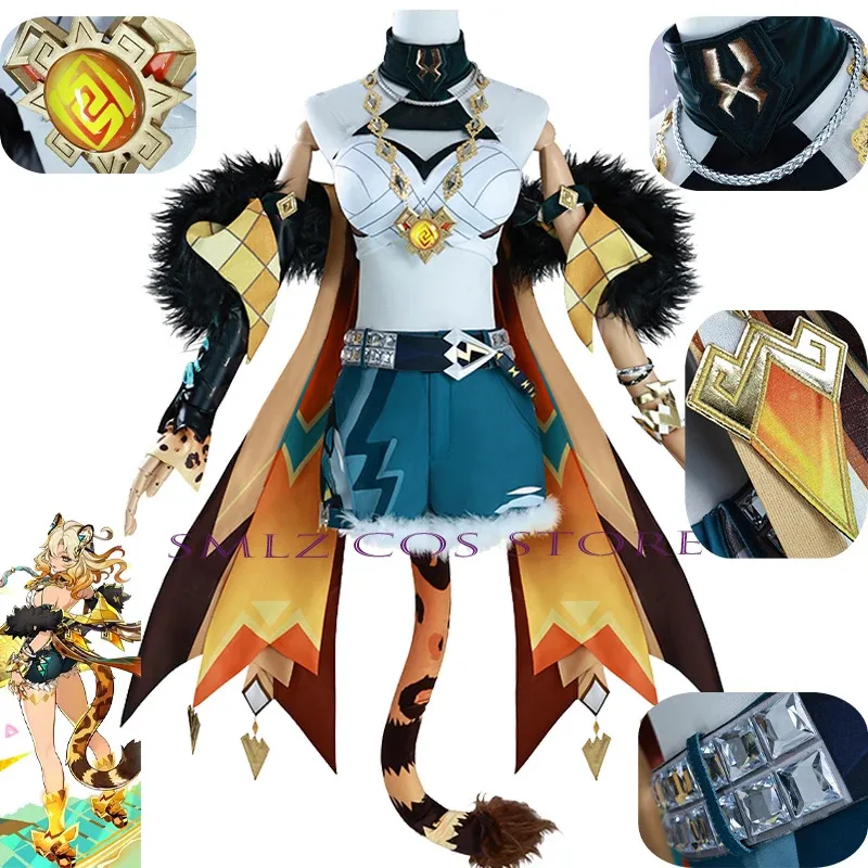 CyXilonen Cosplay Game Genshin Impact زي موحد ذيل Xilonen شعر مستعار مجموعة إكسسوارات حفلة الهالوين للعب الزي للمرأة