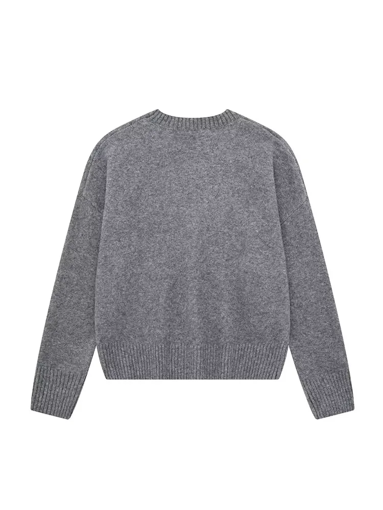 TRAFZA 2023 الخريف الشتاء المرأة رمادي البلوز البلوزات الإناث طويلة الأكمام فضفاضة متماسكة البلوز س الرقبة محبوك ملابس خارجية كبيرة الحجم