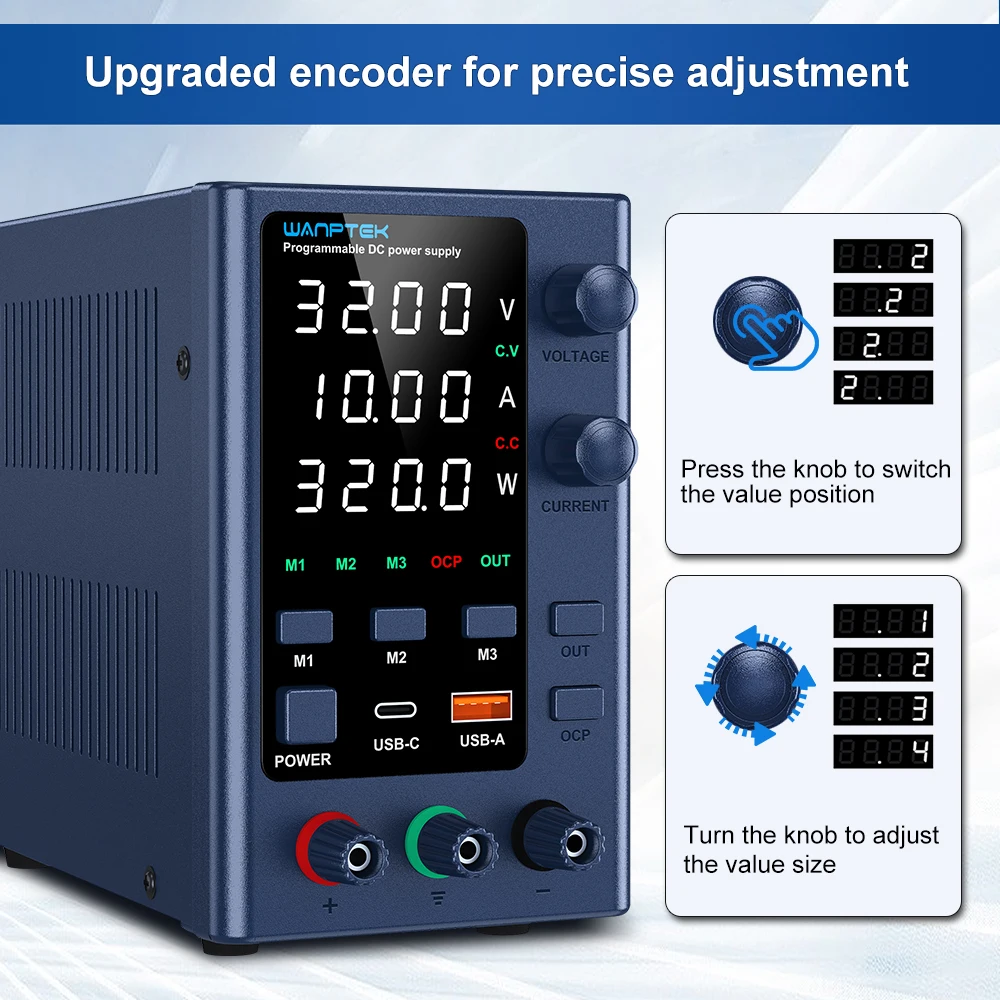 Einstellbares DC-Labornetzteil mit 4 Positionen, 30V 5A, 30V 10A, 220V/115V AC-Schaltwandler, USB/Tape-C-Schnellladung – Detail 14
