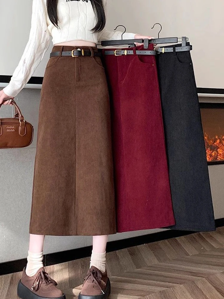 Zoki Retro Belt Red Corduroy Skirts Women High Waist Slim Sweet Midi Skirt Fall Winter Vintage Lady Elegant Slit Korean Skirts