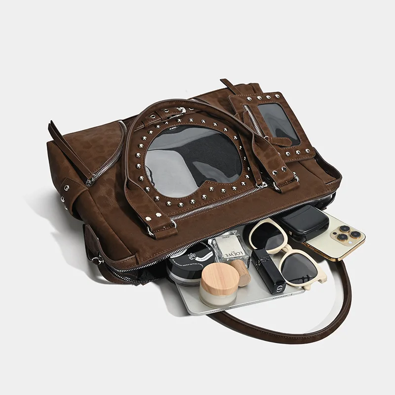 Retro Leopard Print Punk Ita Bag Niche Studded Motorcycle Bag Diy Transparent Pocket Crossbody Bag Large Capacity Shoulder Bag