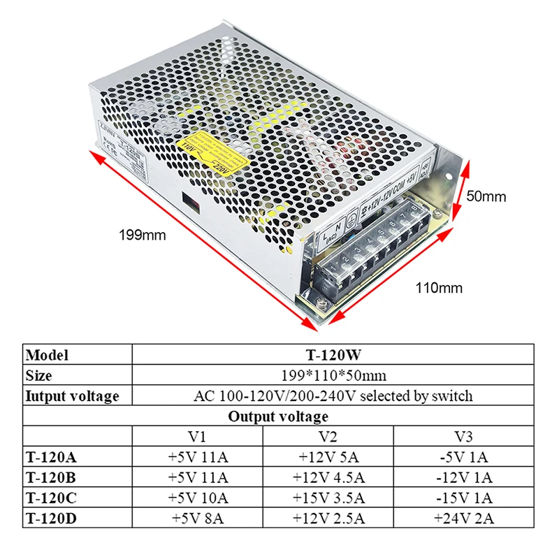 T-120A/B/C 5V 12V 24V 15V Triple Output 120W Switching Power Supply Three Channel Output Voltage AC-DC SMPS