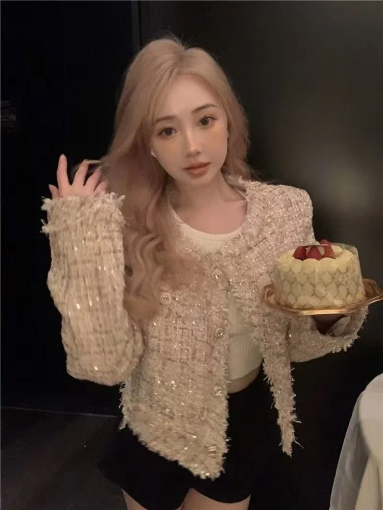 

Autumn Winter ort Tassel Trim Coat Women's Ele Outerwear High Waist Sle Polyester Fiber round Ne Button Closure