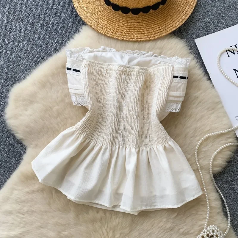 Koreaanse strapless borduurblouse vrouwelijke strik slanke geplooide hotsweet top streetwear backless bohemien vakantie hemdje