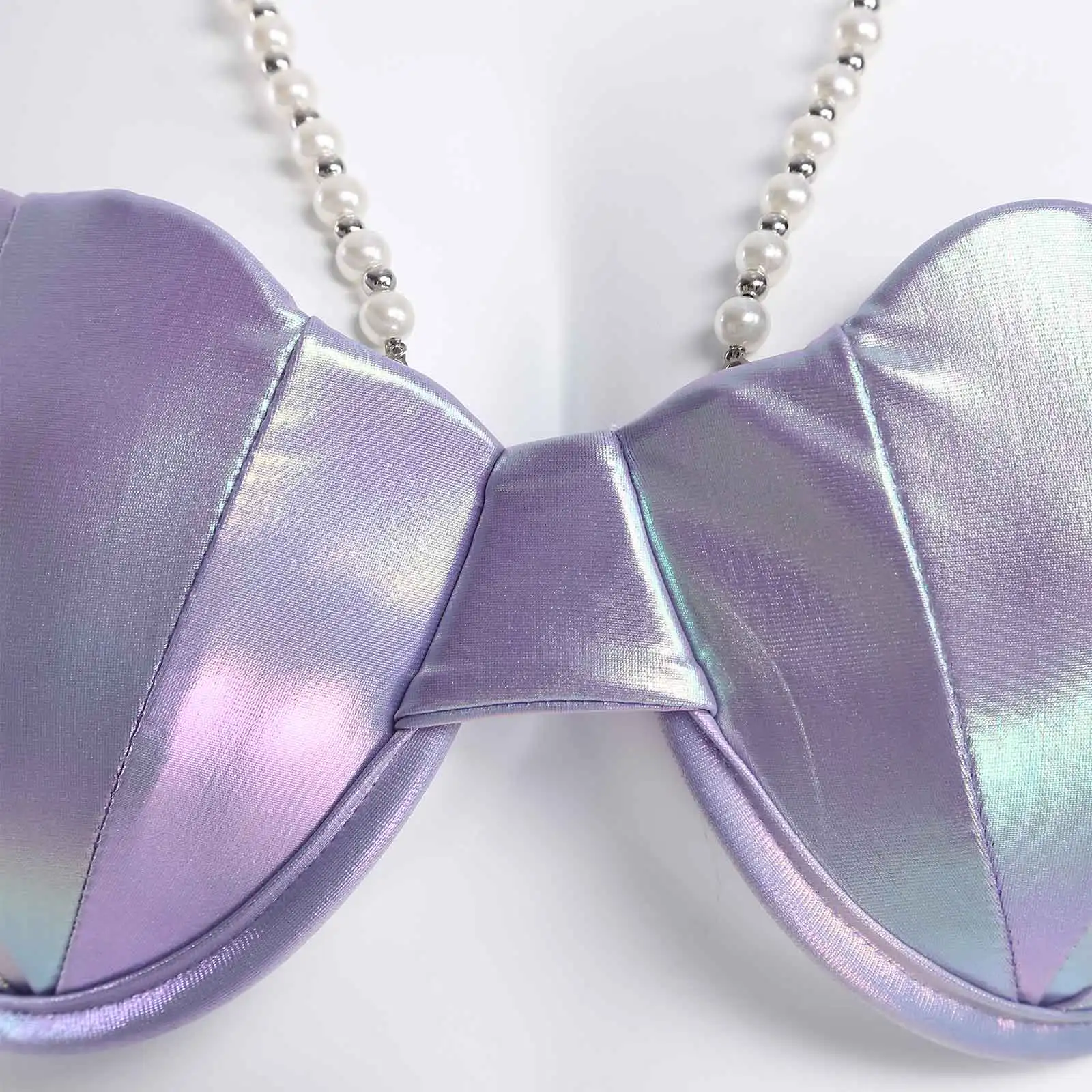 Womens Shiny Metallic Bikini Bra Top Halter Neck Sheel Shaped Cup Pearl Chain Push Up Bra Mermaid Cosplay Swim Top Beachwear image 5