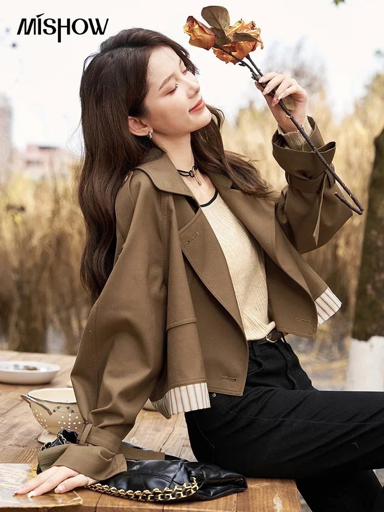 MISHOW Brown Short Trench for Women 2024 Autumn French Vintage Spliced Striped Turn-down Collar Loose Casual Coats MXC45W0050