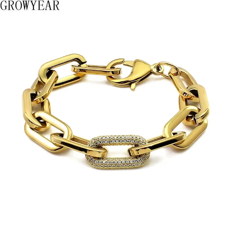 Fashion Women Big Chunky Bracelets Chains with Blink Rhinestones Link Gold Silver Color Surgical Stainless Steel Bracelets