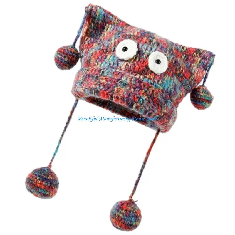 

E56A Fashion Warm Hat with Cats Ear Popular Colorful Skull Hat Autumn Winter Hat Soft Pullover Hat for Casual Street Headwear