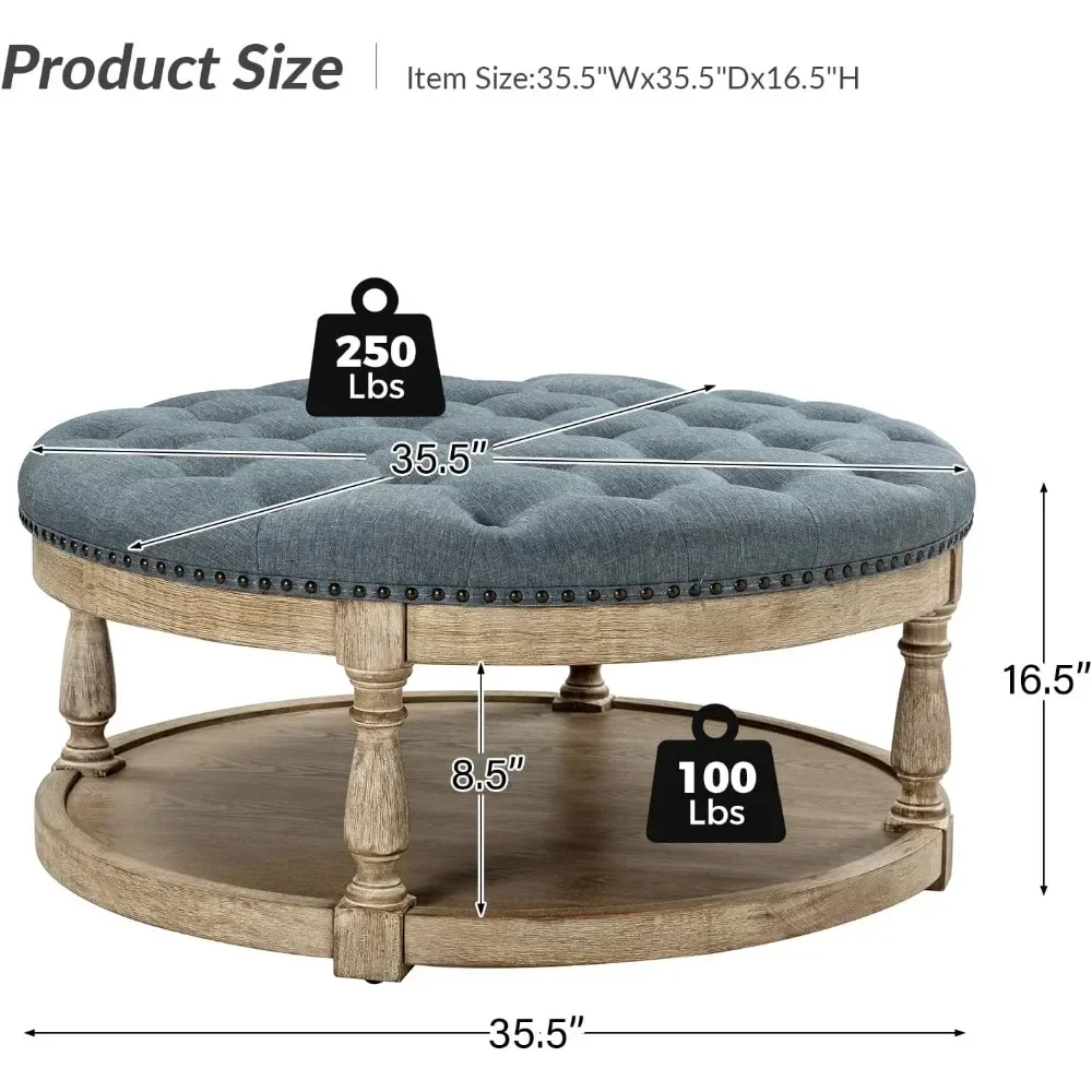 Round Coffee Table 2-Tier Button Tufted Footrest with Wood Shelf Storage Farmhouse Upholstered Coffee Table for Living Room