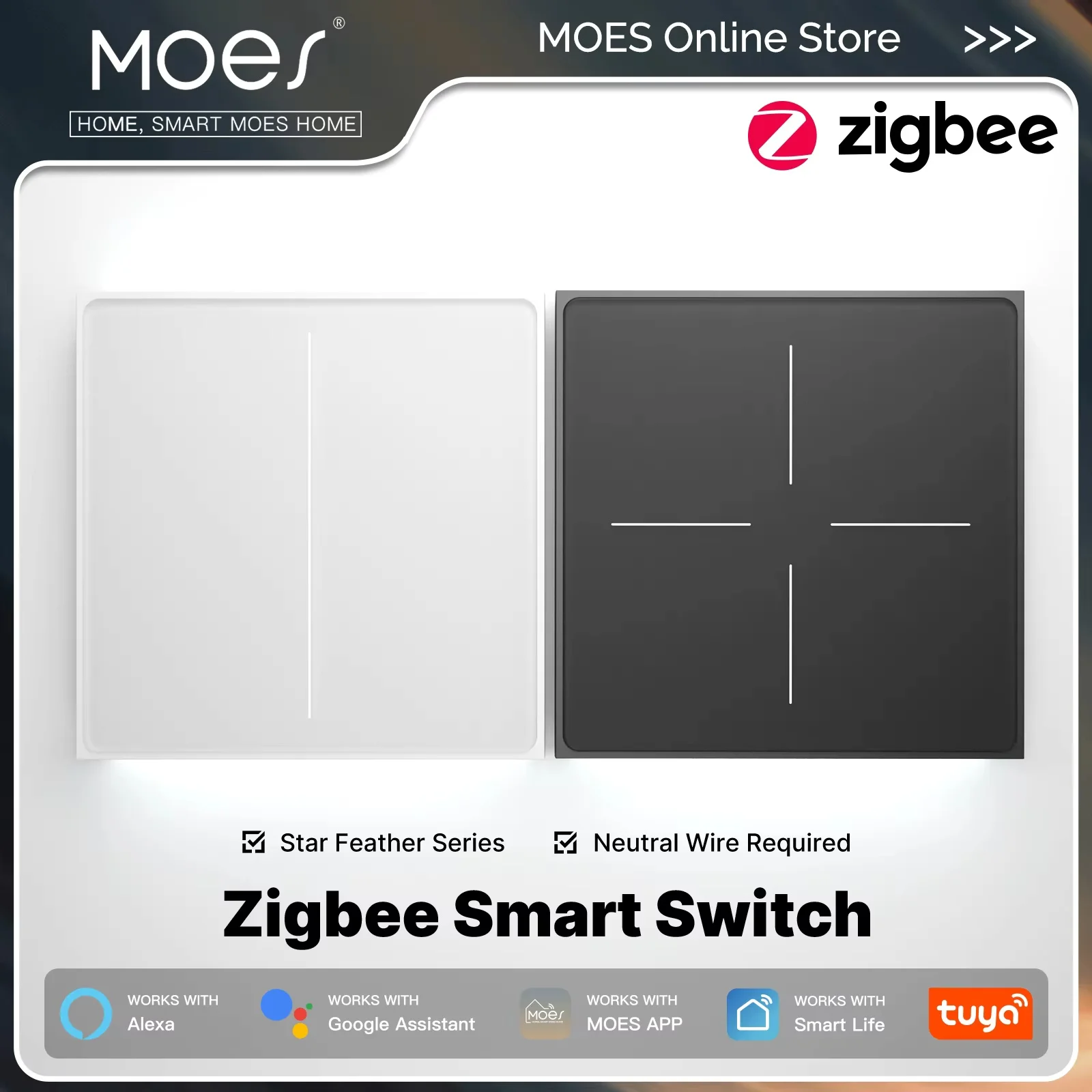 

2026 new Умный сенсорный переключатель MOES Tuya ZigBee Star Feather Series с нейтральной световой сценой, приложение 2 в 1, дистанционное управление с Alexa Google Home