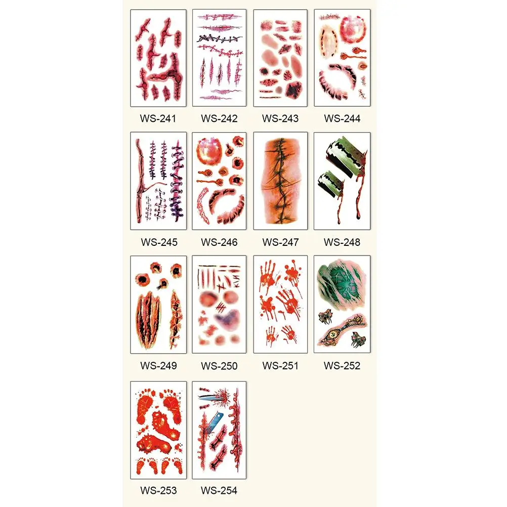 Temporary Scar Tattoos Stickers Realistic Bloody Wound Scab Horror Body Face Decals Prank Props for Halloween Cosplay