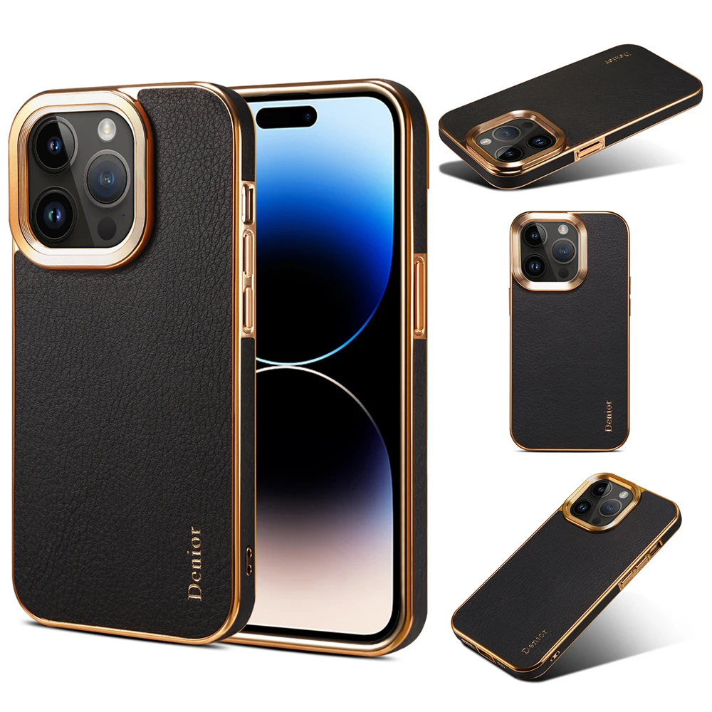 Luxury Glitter Gold Plating Cover Cowhide Genuine Leather Phone Case for iphone 17 PRO MAX 17 AIR 16 PRO MAX 12 13 14 15 Plus