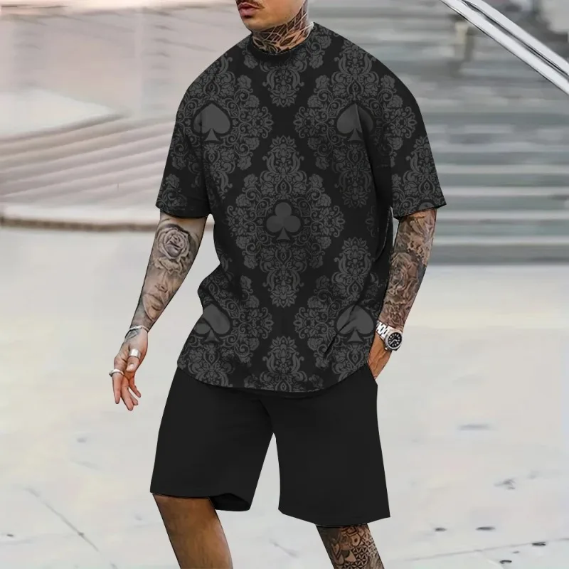 

2025 модные мужские летние повседневные дышащие шорты с 3D покерным принтом и короткими рукавами, стильные негабаритные полиэфирные волокна