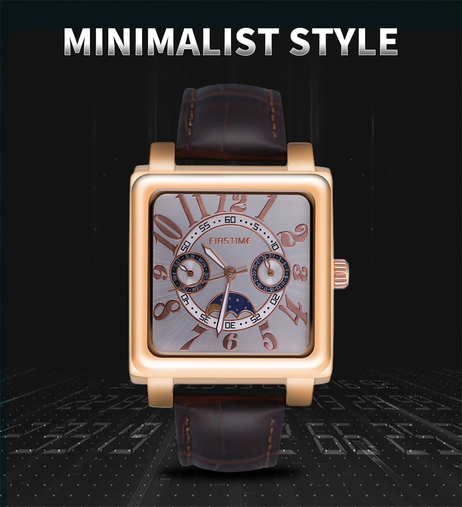 Men Quartz Square Watch Multifunction Chronograph Moon Phase Sport Luxury Waterproof Stainless Steel Buckle Wristwatches