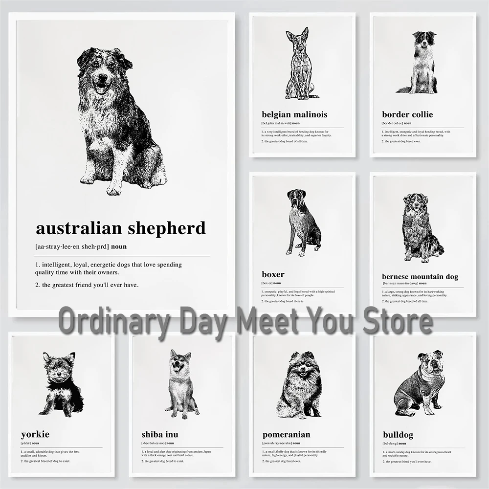 Dogs Guide Poster Canvas Prints Doberman Pug Border Collie Shiba Inu Definition Wall Art Decor Dogs Minimal Art Wall Decoration